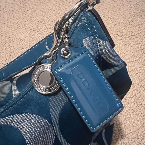 COACH F20428 Signature Handbag Teal Green Silver Jacquard Women Vintage - Picture 12 of 12